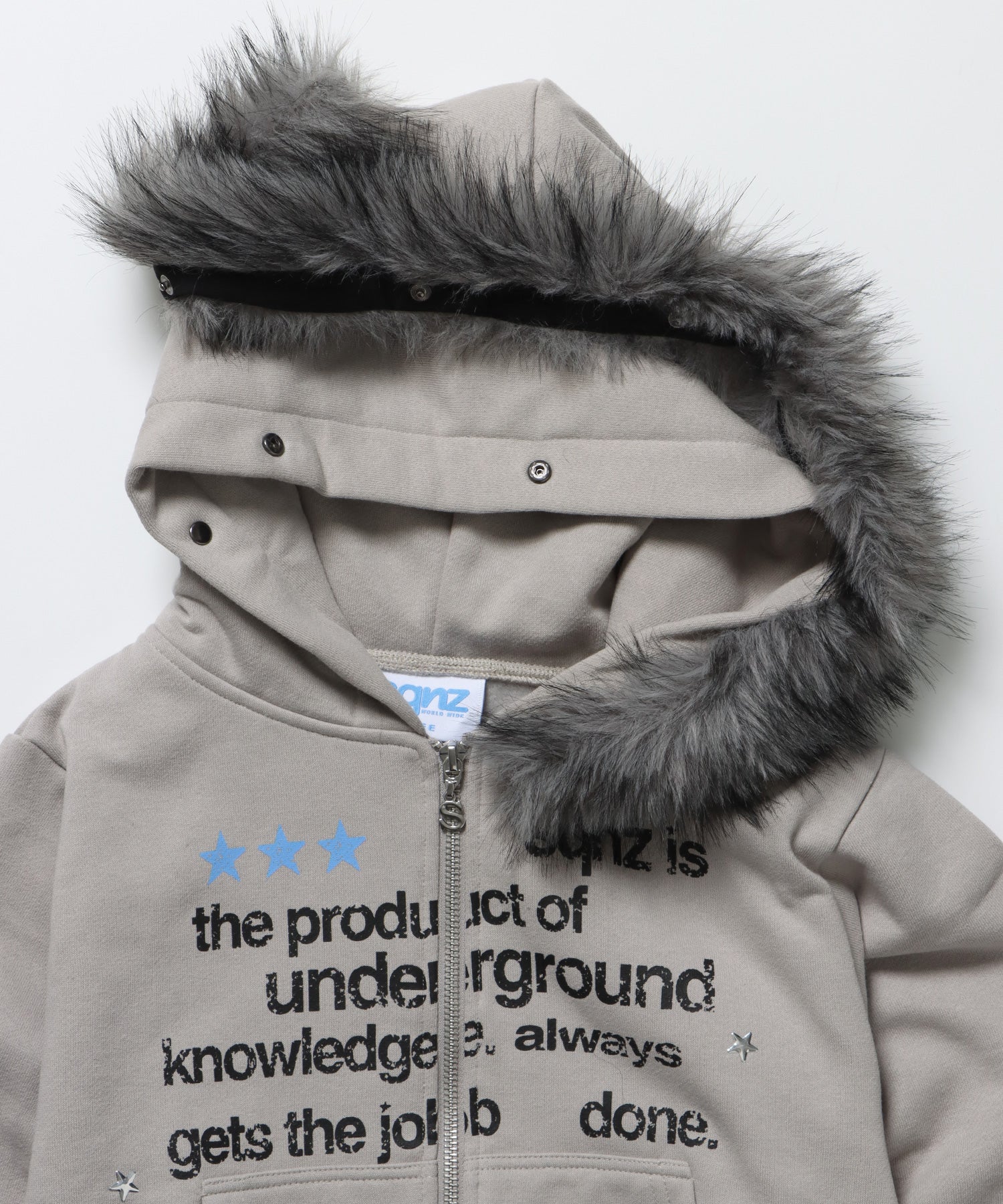 sqnz fur zip pk / レディース ファー ジップパーカー スタッズ 裏起毛 短丈 ダブルジップ ライトグレー