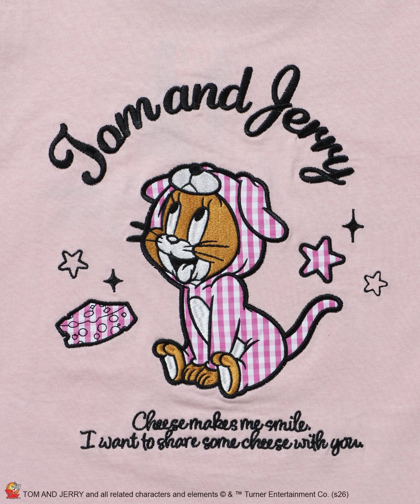 TJ GINGHAM DOG TEE / トムとジェリー 半袖 クルーネック 刺繍 ワンポイント ワッペン ユニセックス オーバーサイズ レイヤード ライトピンク