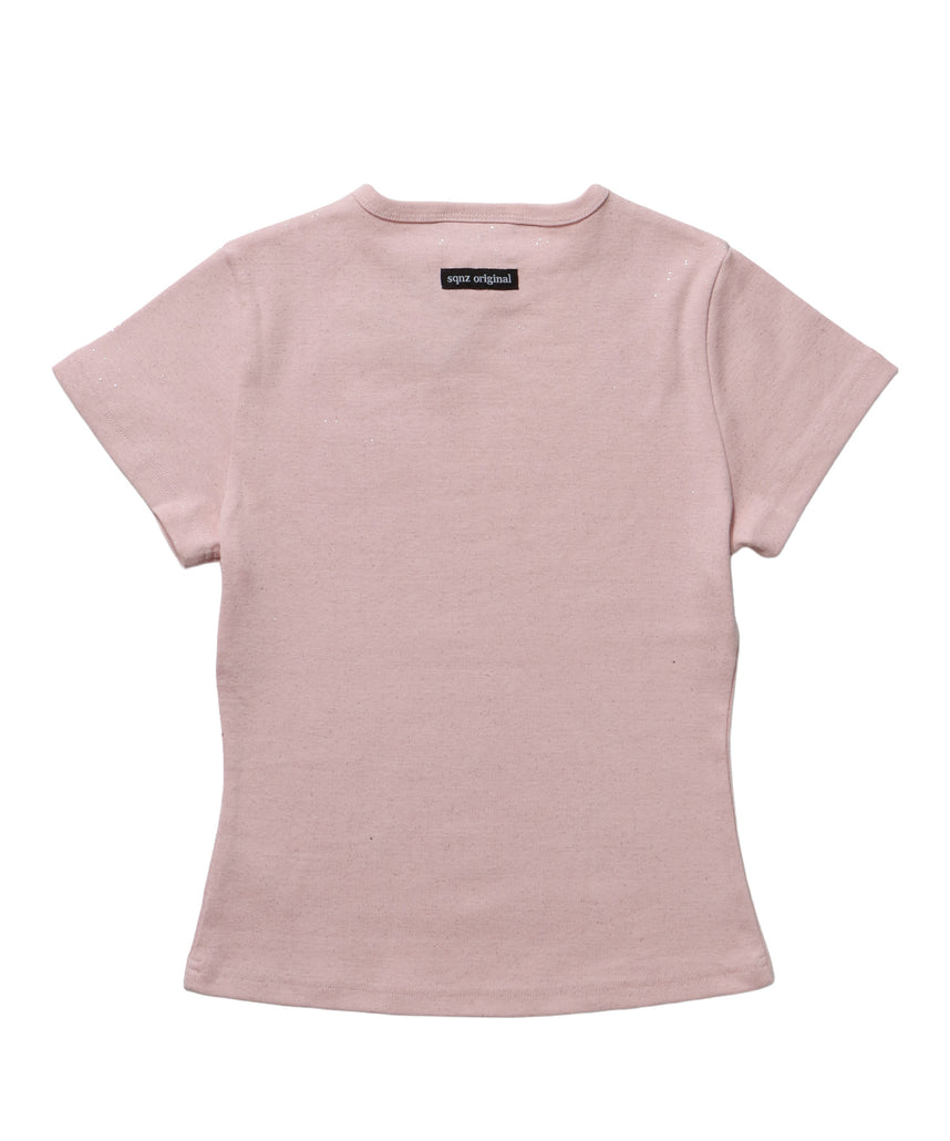 ≪予約商品≫sqnz glitter compact tee / 半袖 プリント Tシャツ ワンポイント ラインストーン レディース ピチT ちびT 【セットアップ着用可能】 ライトピンク