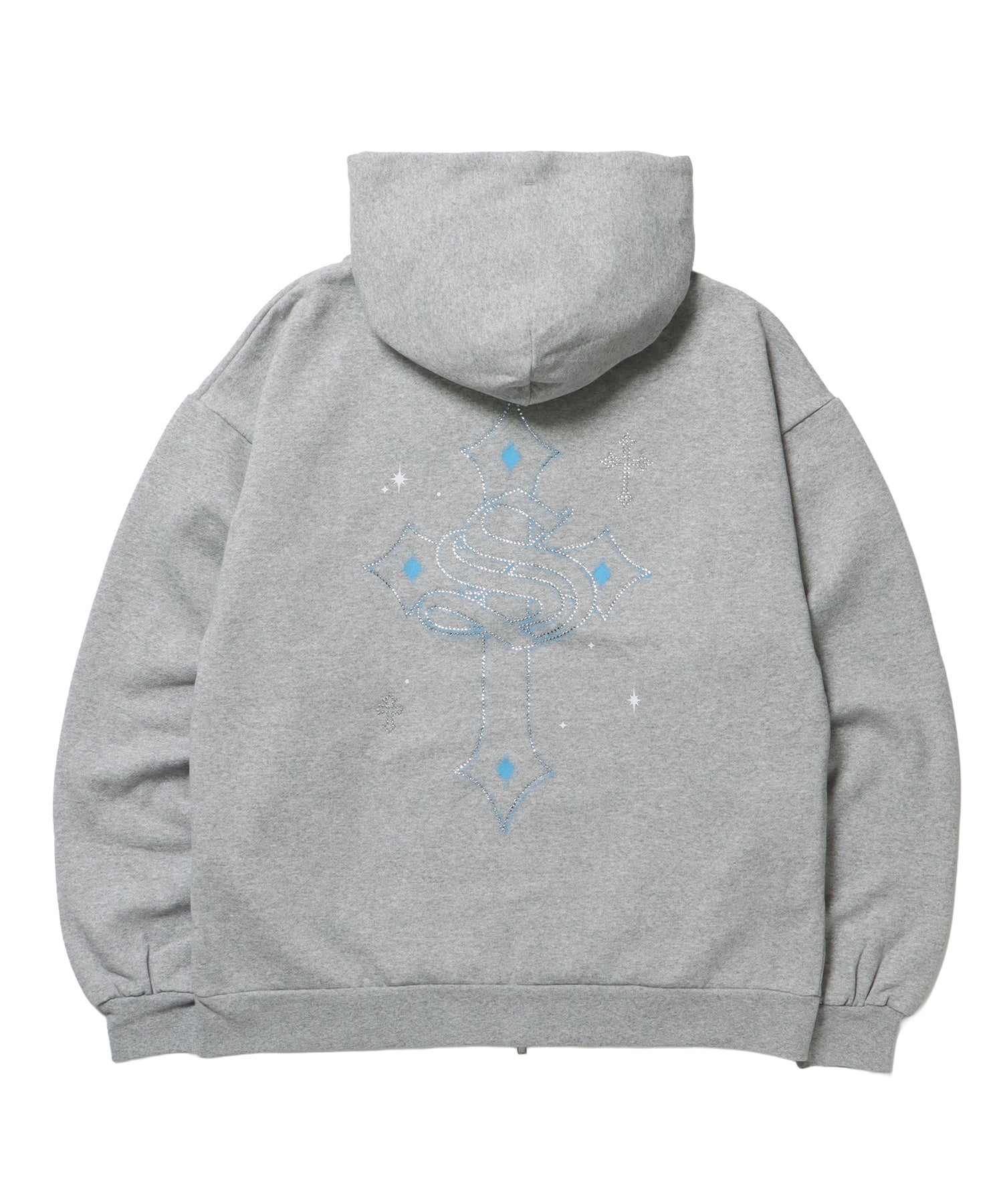 CROSS RHINE STONE ZIP P/K / パーカー ジップパーカー ラインストーン クロスデザイン 裏起毛 ダブルジップ 短丈 【セットアップ】 グレー