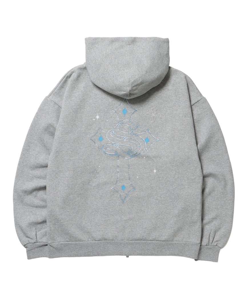 CROSS RHINE STONE ZIP P/K / パーカー ジップパーカー ラインストーン クロスデザイン 裏起毛 ダブルジップ 短丈 【セットアップ】 グレー