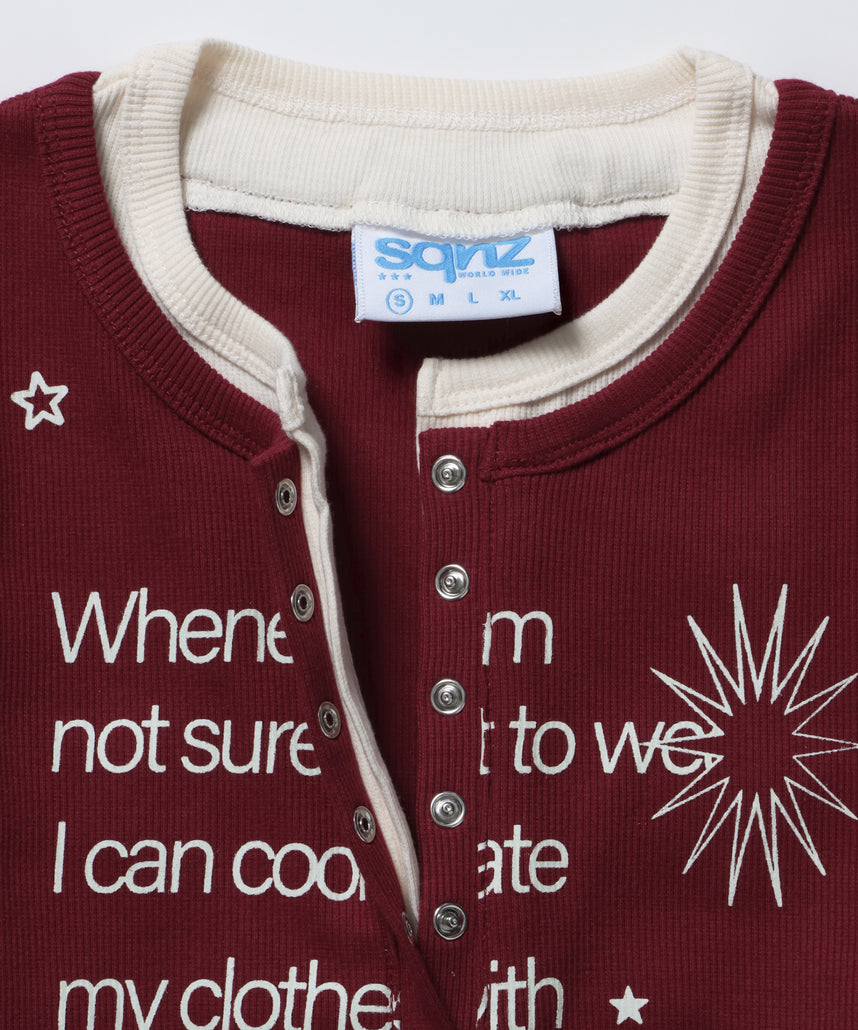 sqnz fake layered henley star l/s tee / 長袖 プリント ヘンリー フェイクレイヤード ツートーン バーガンディー