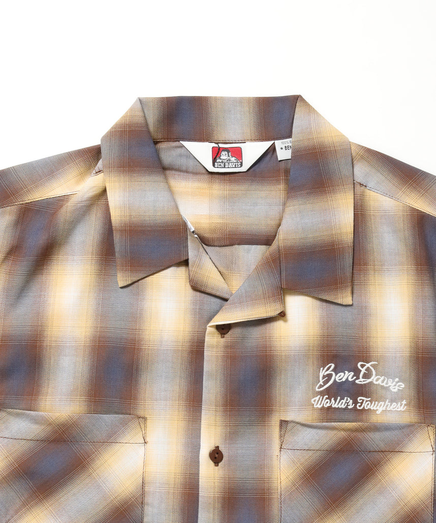 DRIVE EMB PLAID O/C SHIRT / 半袖 シャツ オープンカラー ヴィンテージライク オンブレチェック ブラウン
