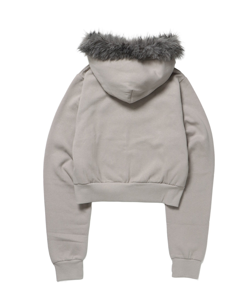 sqnz fur zip pk / レディース ファー ジップパーカー スタッズ 裏起毛 短丈 ダブルジップ ライトグレー