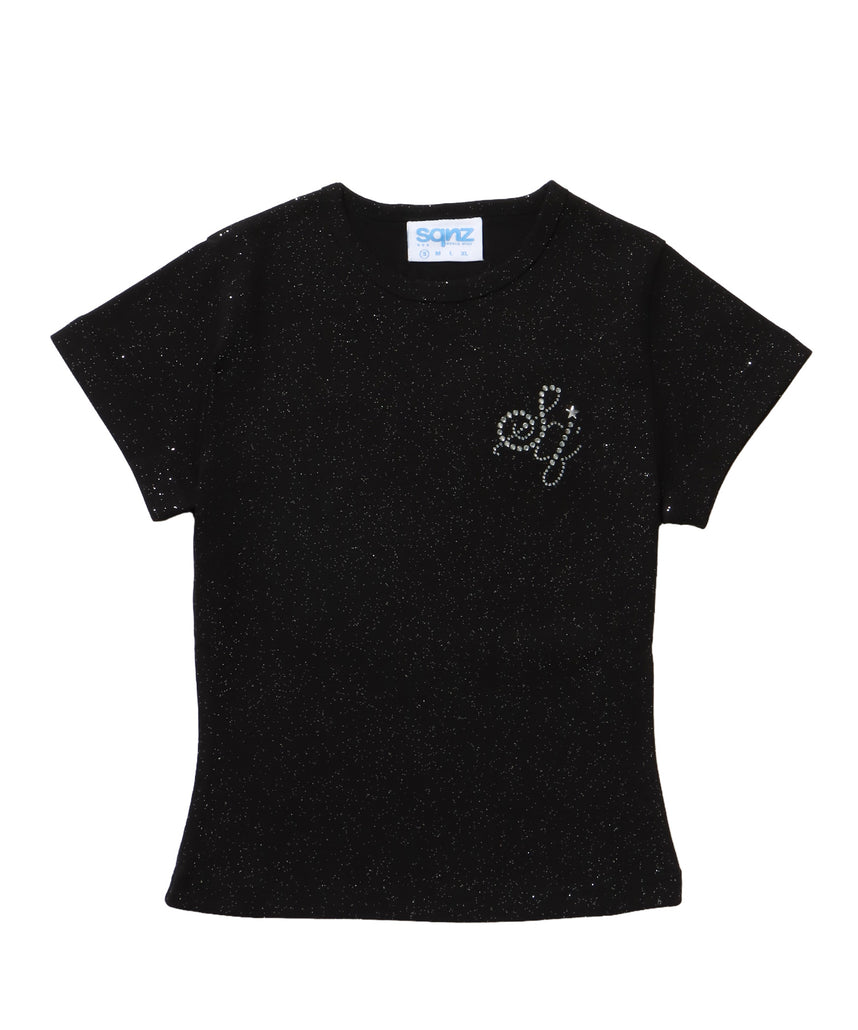 ≪予約商品≫sqnz glitter compact tee / 半袖 プリント Tシャツ ワンポイント ラインストーン レディース ピチT ちびT 【セットアップ着用可能】 ブラック