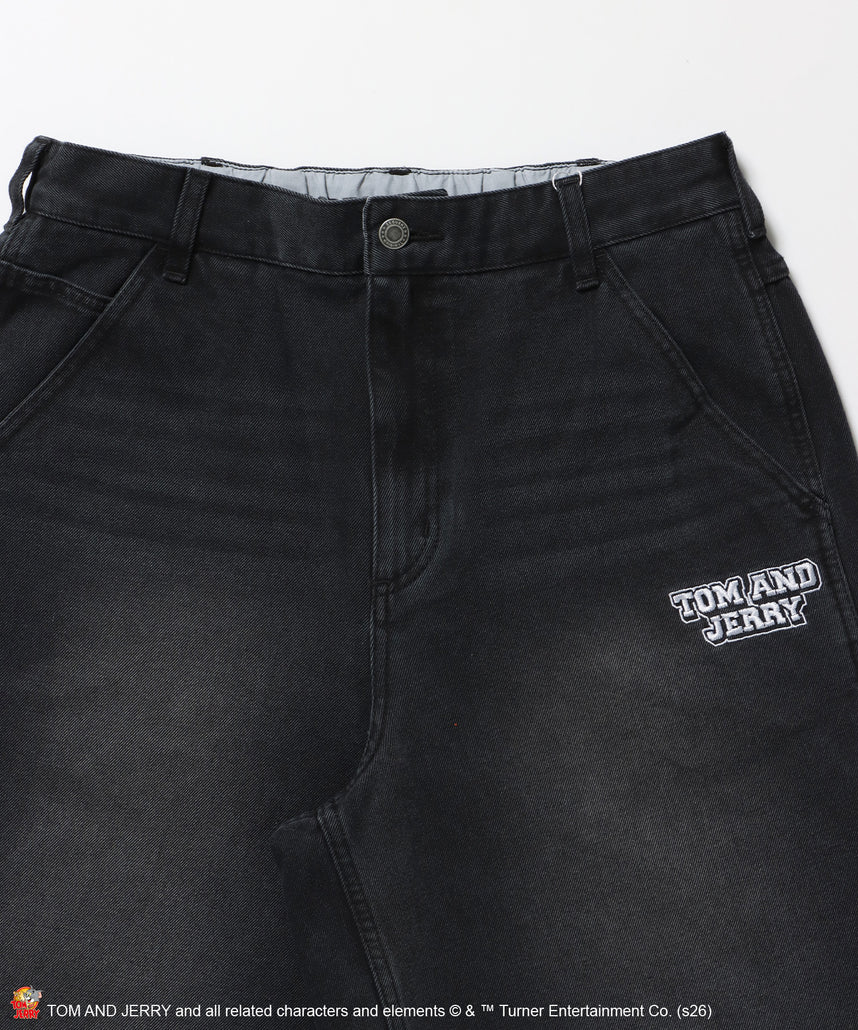 TJ STREET SHORTS DENIM / トムとジェリー ハーフパンツ ショーツ ジョーツデニム ワイド パンツ ボトムス 刺繍 加工 リジッド ワッペン ブラック