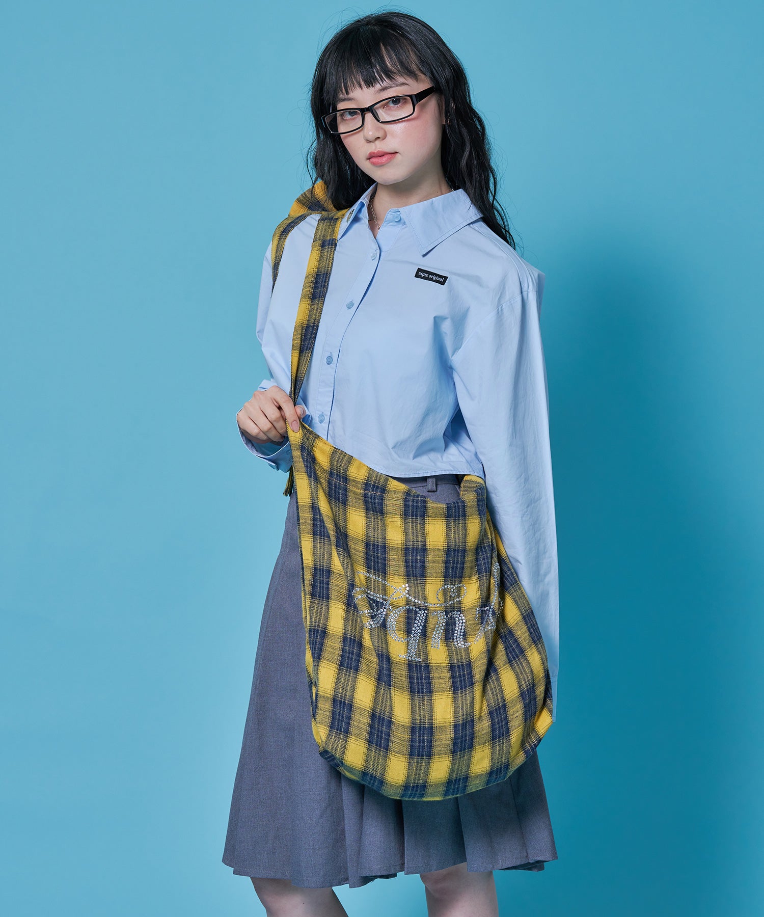≪予約商品≫sqnz favorite kira-kira totebag / ラインストーン バック チェック柄 2way ユニセックス イエロー