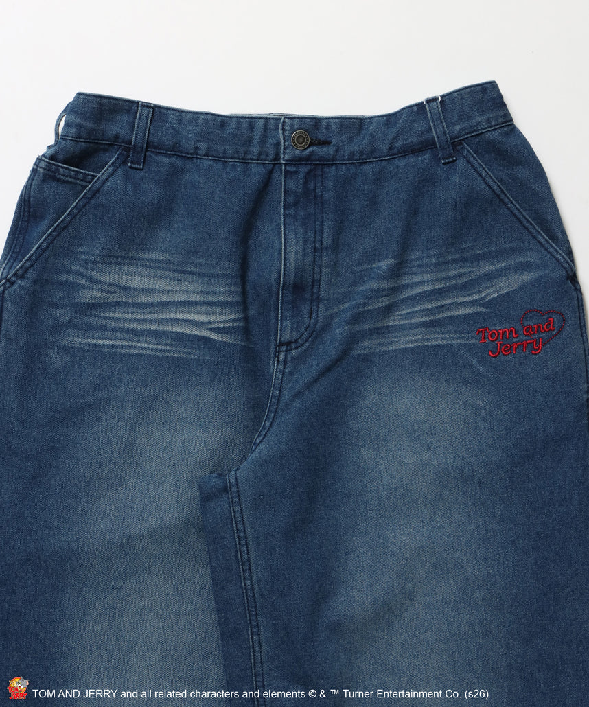TJ JERRY AND TUFFY LOOSE DENIM / トムとジェリー デニム ワイド パンツ ボトムス 刺繍 加工 リジッド ワッペン ブルー