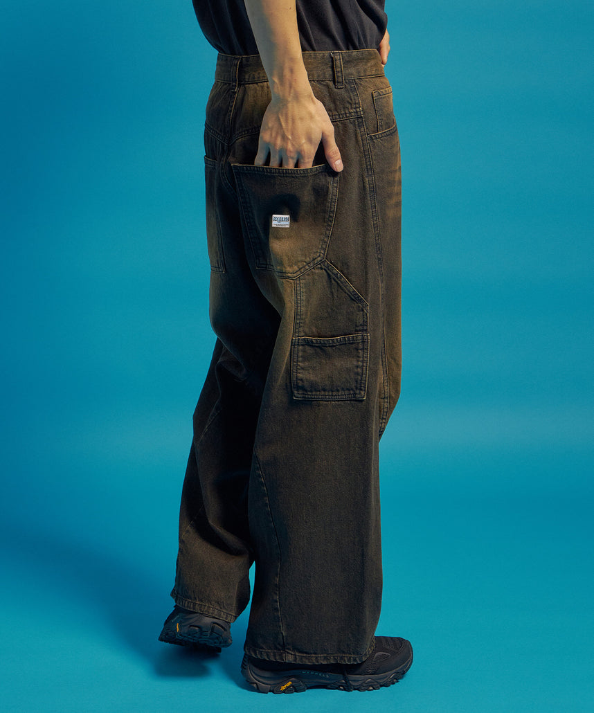 sqnz twist drape denim pants / ツイストドレープデニム カーブデニム ワイドパンツ ヴィンテージライク オーバーダイ≪SET UP着用可能≫