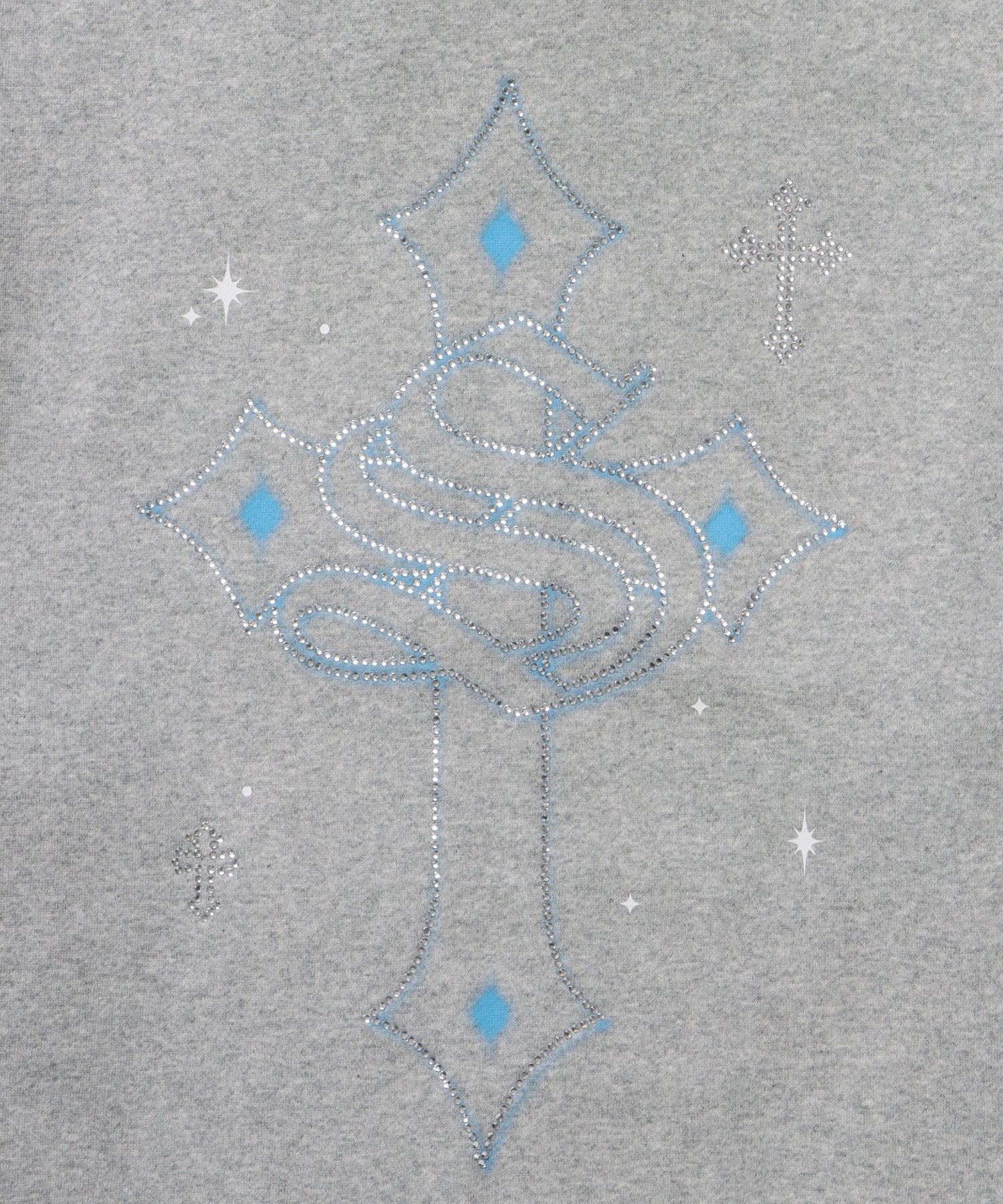 CROSS RHINE STONE ZIP P/K / パーカー ジップパーカー ラインストーン クロスデザイン 裏起毛 ダブルジップ 短丈 【セットアップ】 グレー