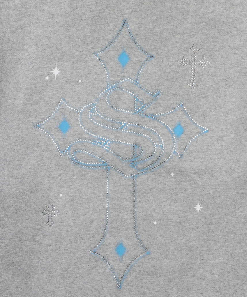 CROSS RHINE STONE ZIP P/K / パーカー ジップパーカー ラインストーン クロスデザイン 裏起毛 ダブルジップ 短丈 【セットアップ】 グレー