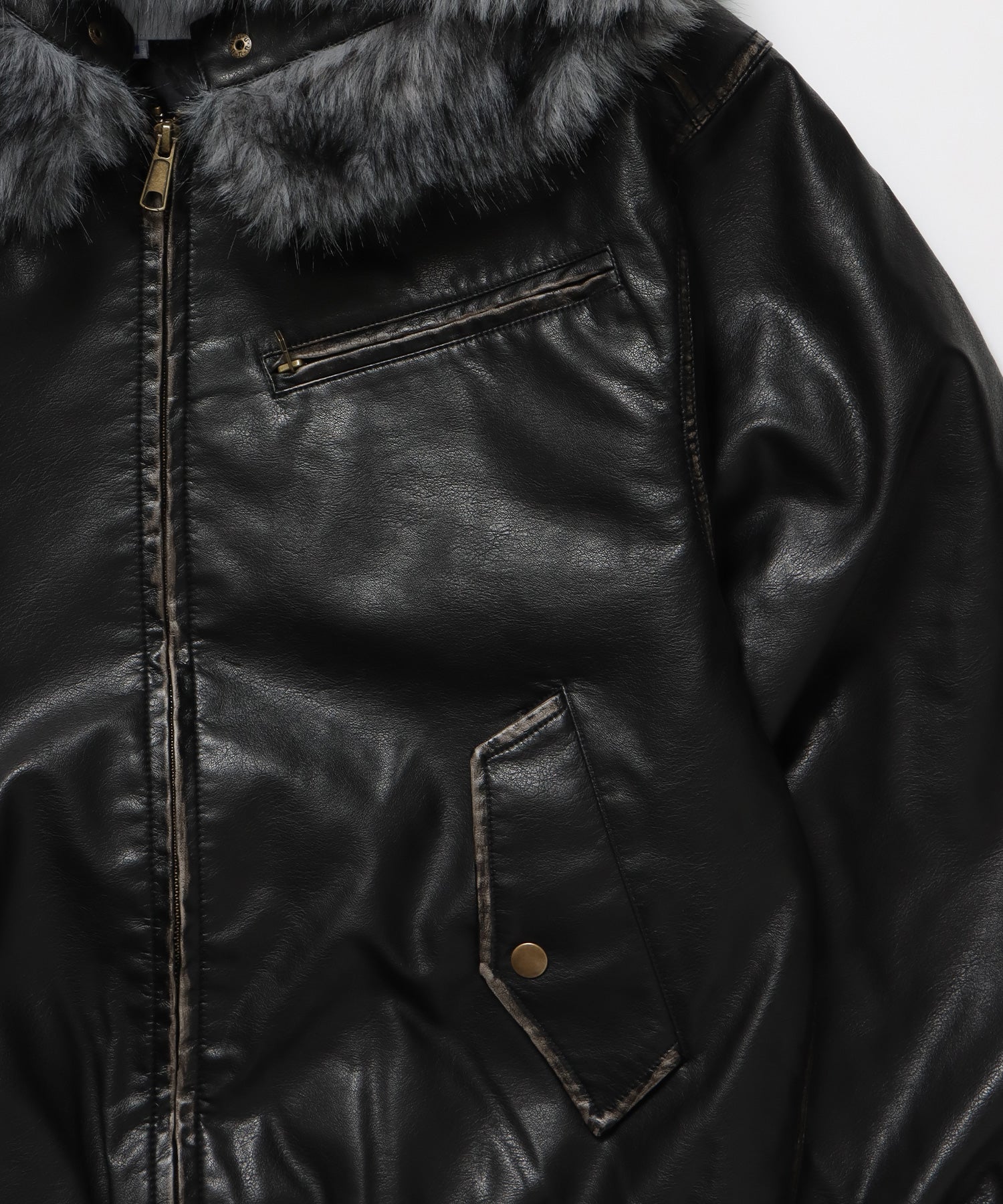 FUR PU HOODIE JKT / フェイクレザー ジャケット ファー 中綿 ダブルジップ フーディ ブラック