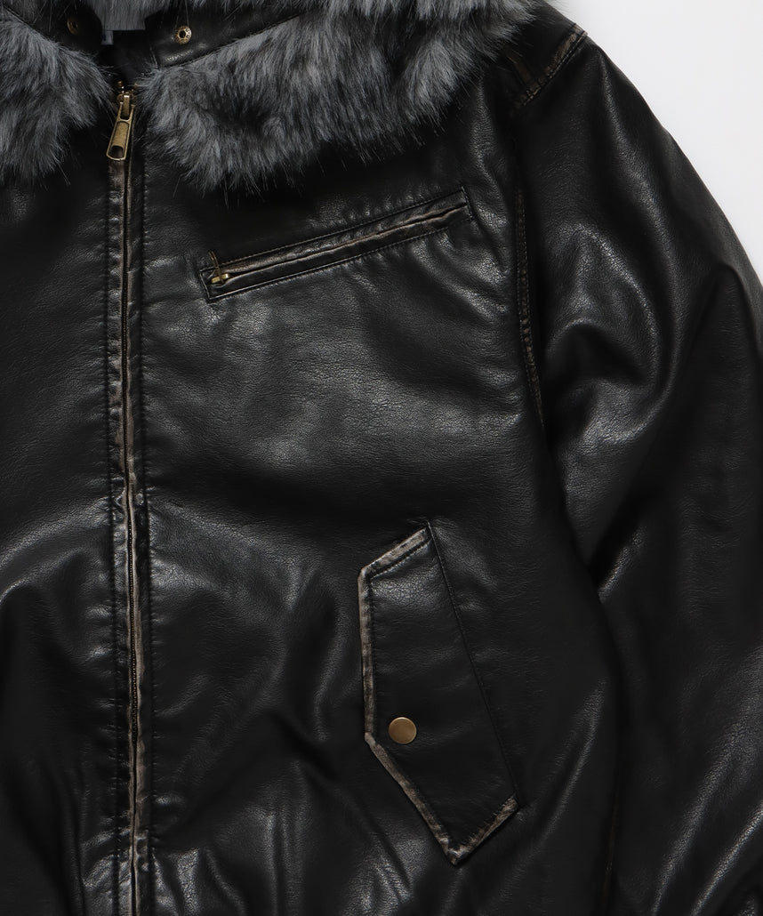 FUR PU HOODIE JKT / フェイクレザー ジャケット ファー 中綿 ダブルジップ フーディ ブラック