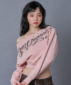 sqnz star shoulder sweat ladies / レディース ワンショルダー スタッズ 裏毛 短丈 サムホール ピンク