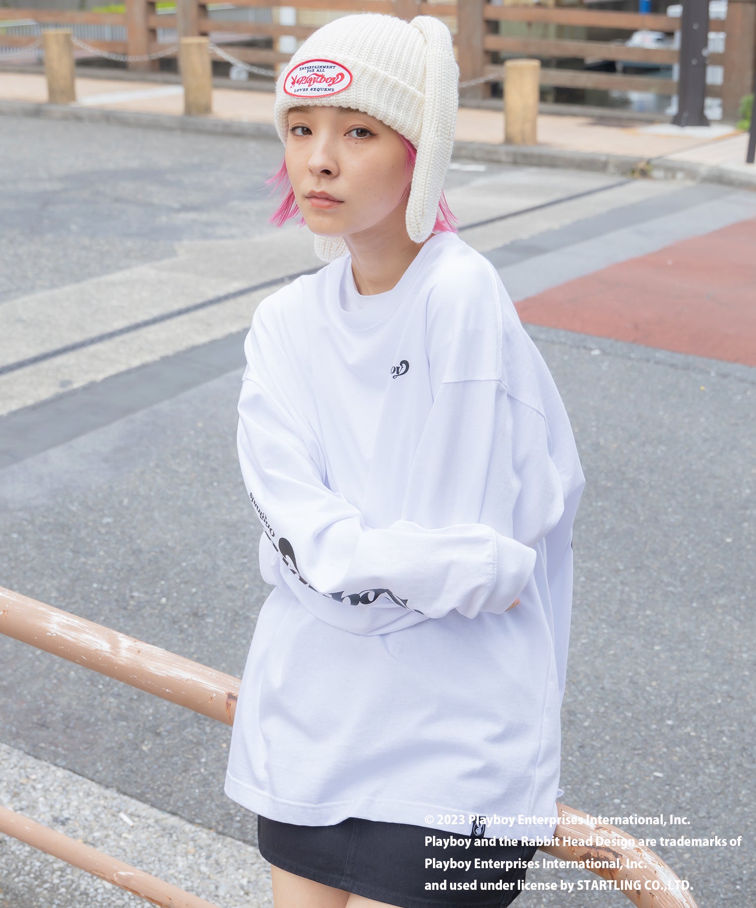 【SEQUENZ】 PLAYBOY BUNNY BEANIE / プレイボーイ うさ耳 地雷系 ワッペン バニーヘッド ニット帽 ビーニー 帽子 キャップ ホワイト