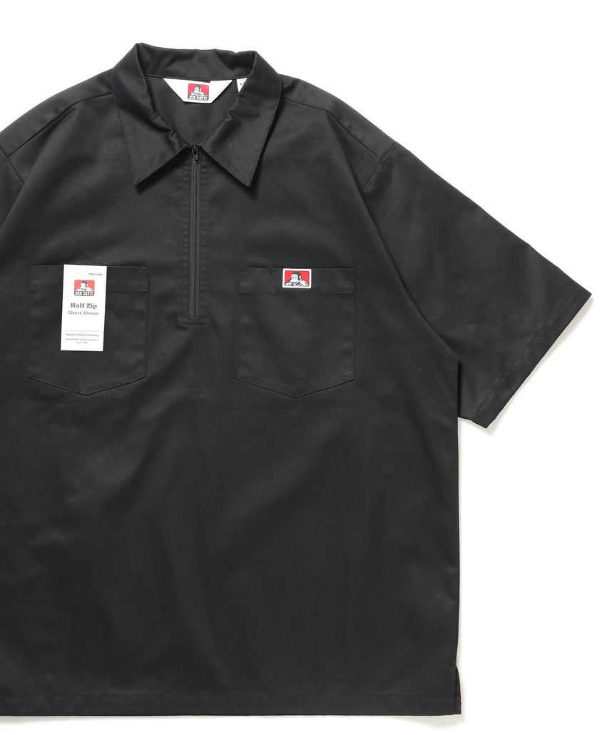 1/2ZIP S/S SHIRT / ハーフジップ シャツ 半袖 クルーネック ワンポイント ピス ワンポイント 【セットアップ着用可能】 ブラック