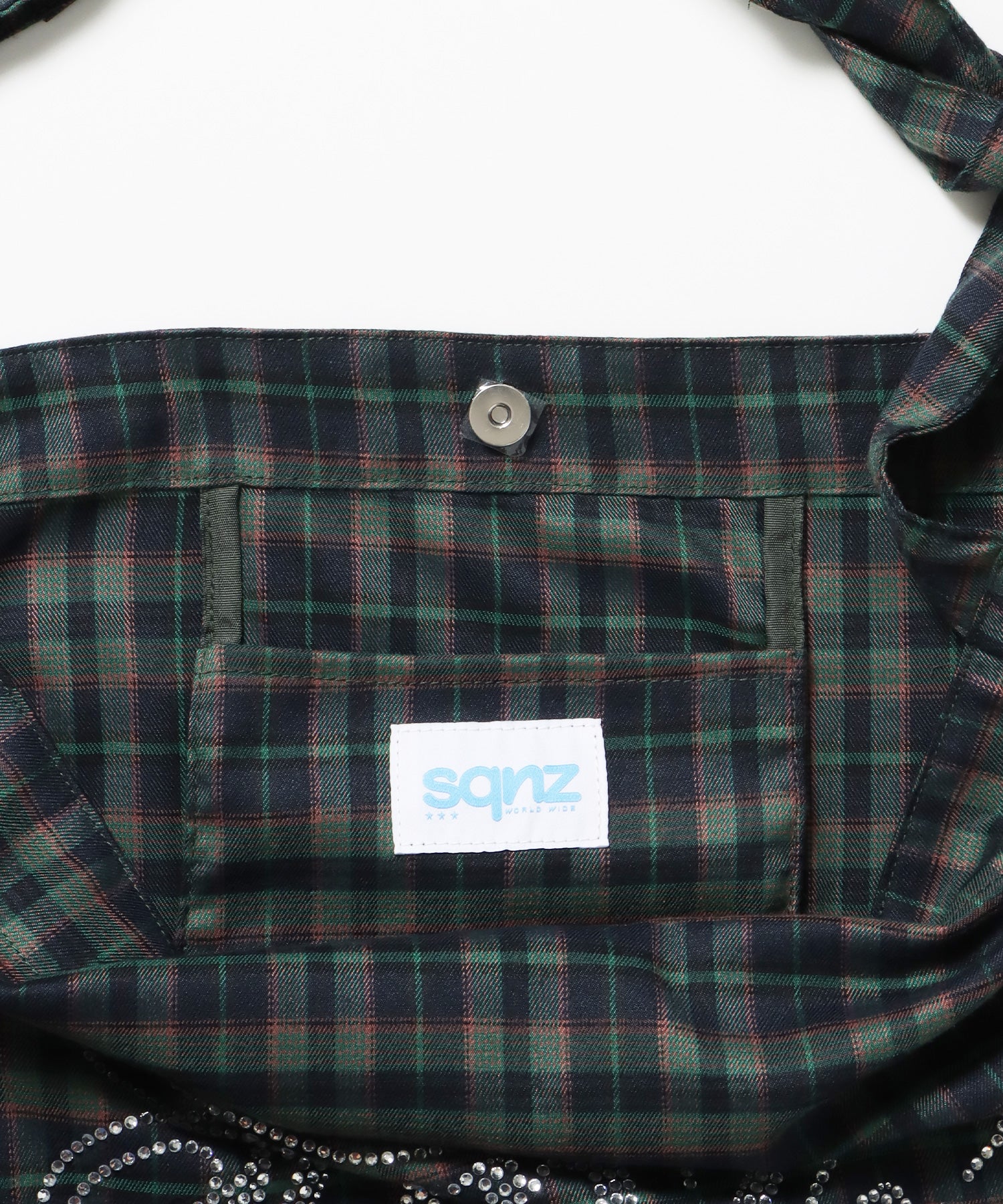 ≪予約商品≫sqnz favorite kira-kira totebag / ラインストーン バック チェック柄 2way ユニセックス グリーン