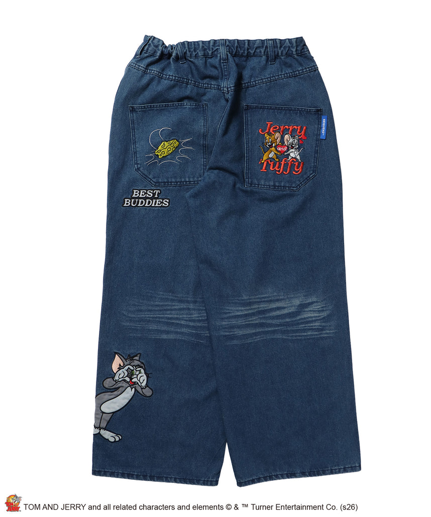 TJ JERRY AND TUFFY LOOSE DENIM / トムとジェリー デニム ワイド パンツ ボトムス 刺繍 加工 リジッド ワッペン ブルー