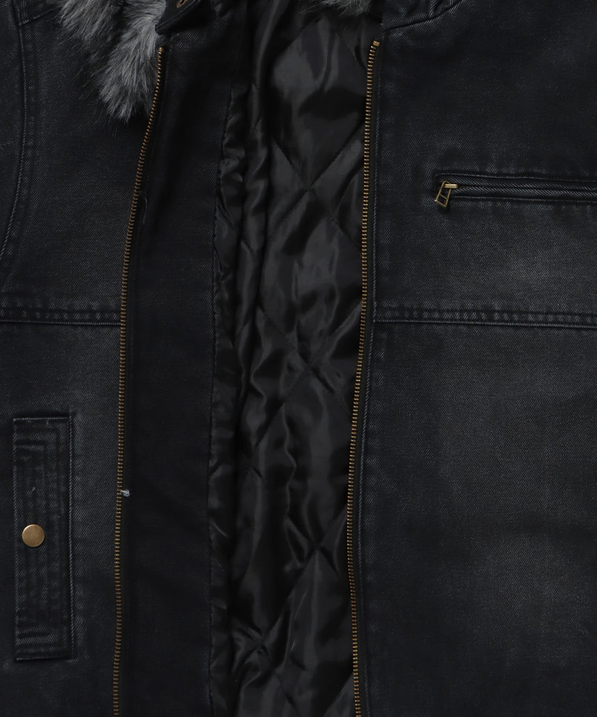 FUR DENIM HOODIE JKT / デニム ジャケット ファー 中綿 ダブルジップ フーディ ブラック
