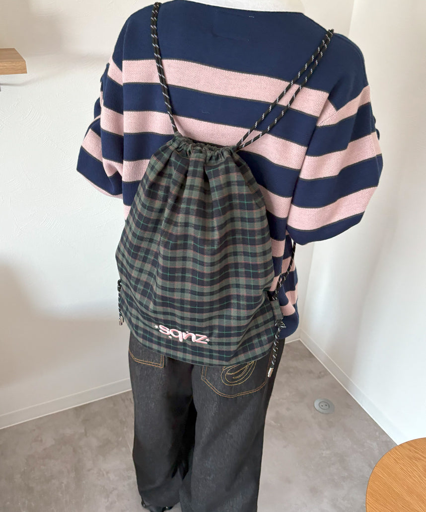 sqnz dairy 2way knapsack / ナップサック バック 2WAY ブランドロゴ チェック ストライプ ダークグリーン