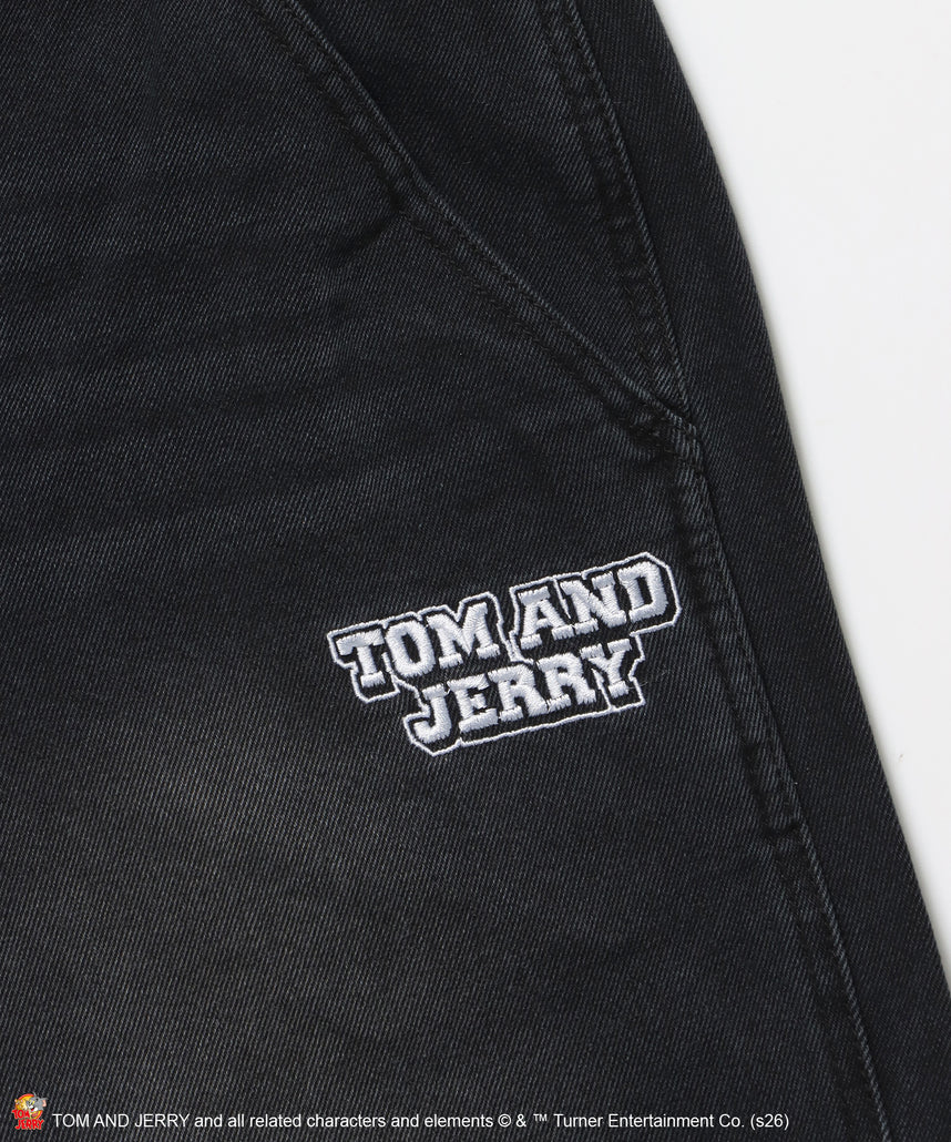 TJ STREET SHORTS DENIM / トムとジェリー ハーフパンツ ショーツ ジョーツデニム ワイド パンツ ボトムス 刺繍 加工 リジッド ワッペン ブラック