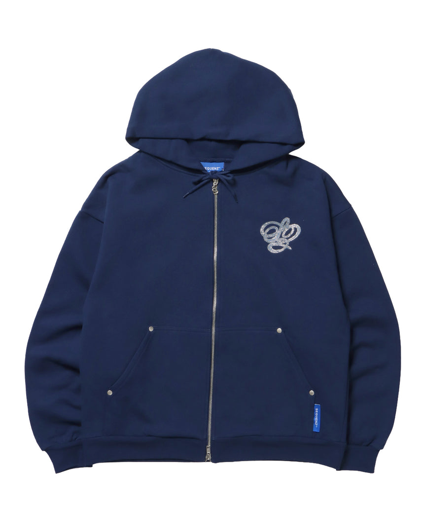 CROSS RHINE STONE ZIP P/K / パーカー ジップパーカー ラインストーン クロスデザイン 裏起毛 ダブルジップ 短丈 【セットアップ】 ダークネイビー