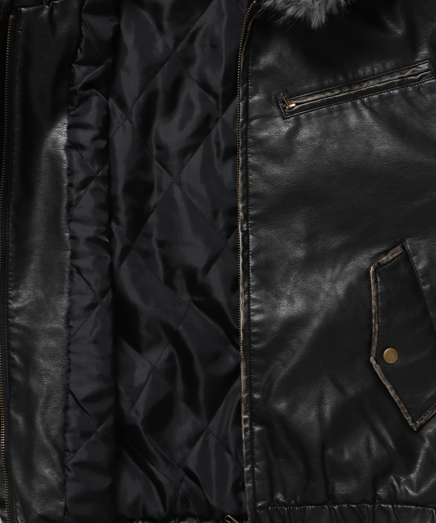 FUR PU HOODIE JKT / フェイクレザー ジャケット ファー 中綿 ダブルジップ フーディ ブラック