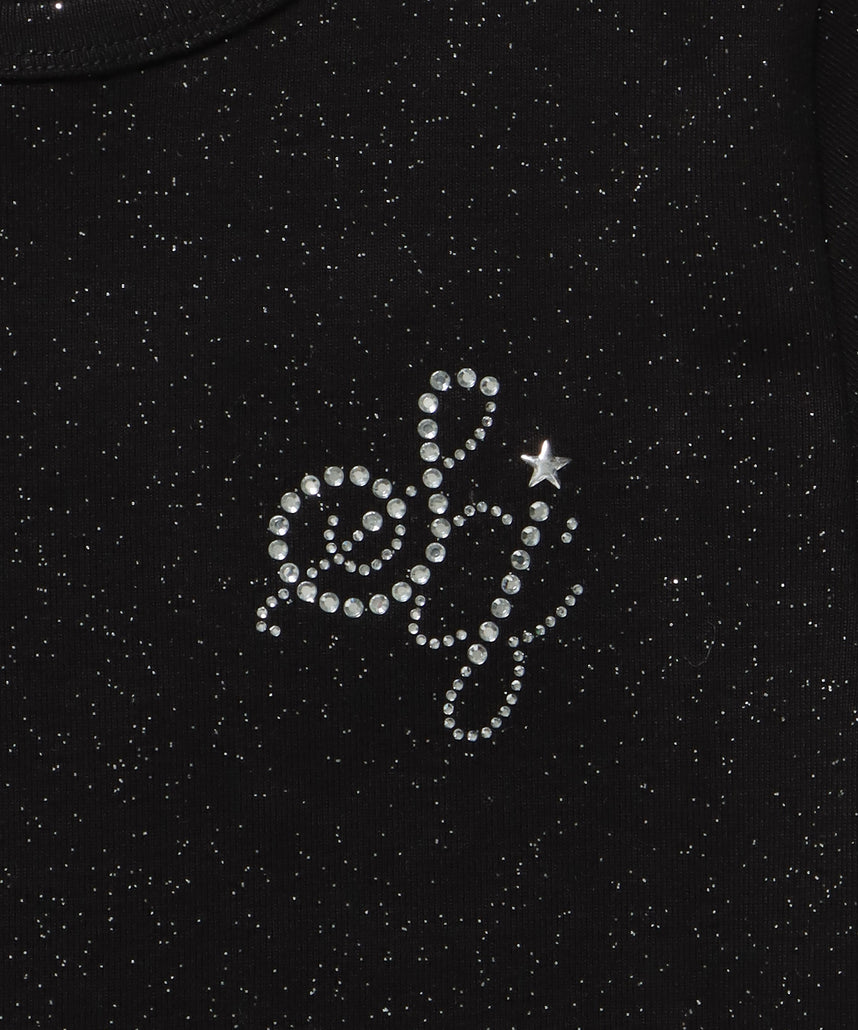 ≪予約商品≫sqnz glitter compact tee / 半袖 プリント Tシャツ ワンポイント ラインストーン レディース ピチT ちびT 【セットアップ着用可能】 ブラック