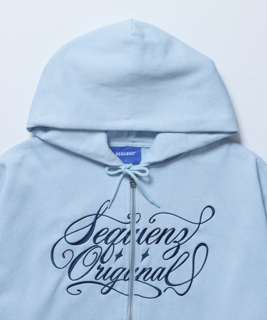 SQNZ LOGO GLITTER ZIP P/K / グリッター ジップパーカー ラメプリント ダブルジップ 裏起毛 【セットアップ着用可】 スカイブルー