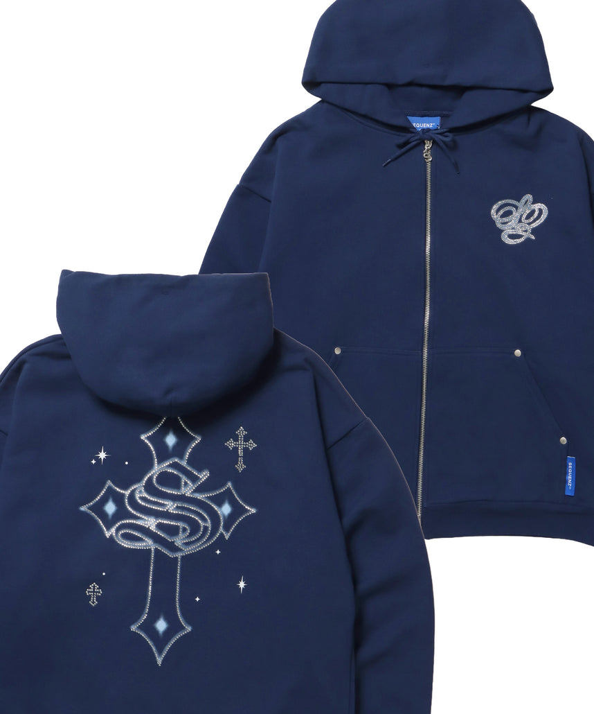 CROSS RHINE STONE ZIP P/K / パーカー ジップパーカー ラインストーン クロスデザイン 裏起毛 ダブルジップ 短丈 【セットアップ】 ダークネイビー