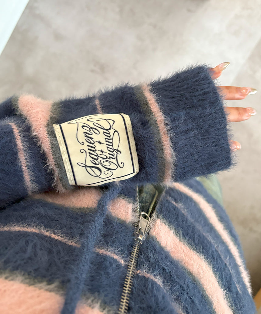 SHAGGY BORDER HOODIE ZIP / ボーダー ニット パーカー ジップ ダブルジップ フーディ ライトピンク