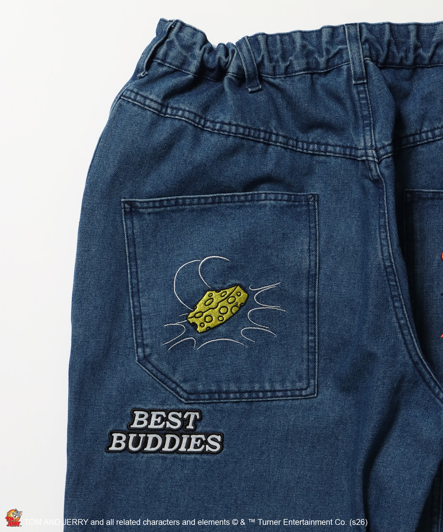 TJ JERRY AND TUFFY LOOSE DENIM / トムとジェリー デニム ワイド パンツ ボトムス 刺繍 加工 リジッド ワッペン ブルー