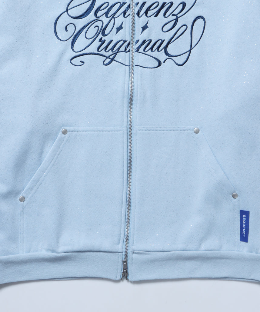 SQNZ LOGO GLITTER ZIP P/K / グリッター ジップパーカー ラメプリント ダブルジップ 裏起毛 【セットアップ着用可】 スカイブルー