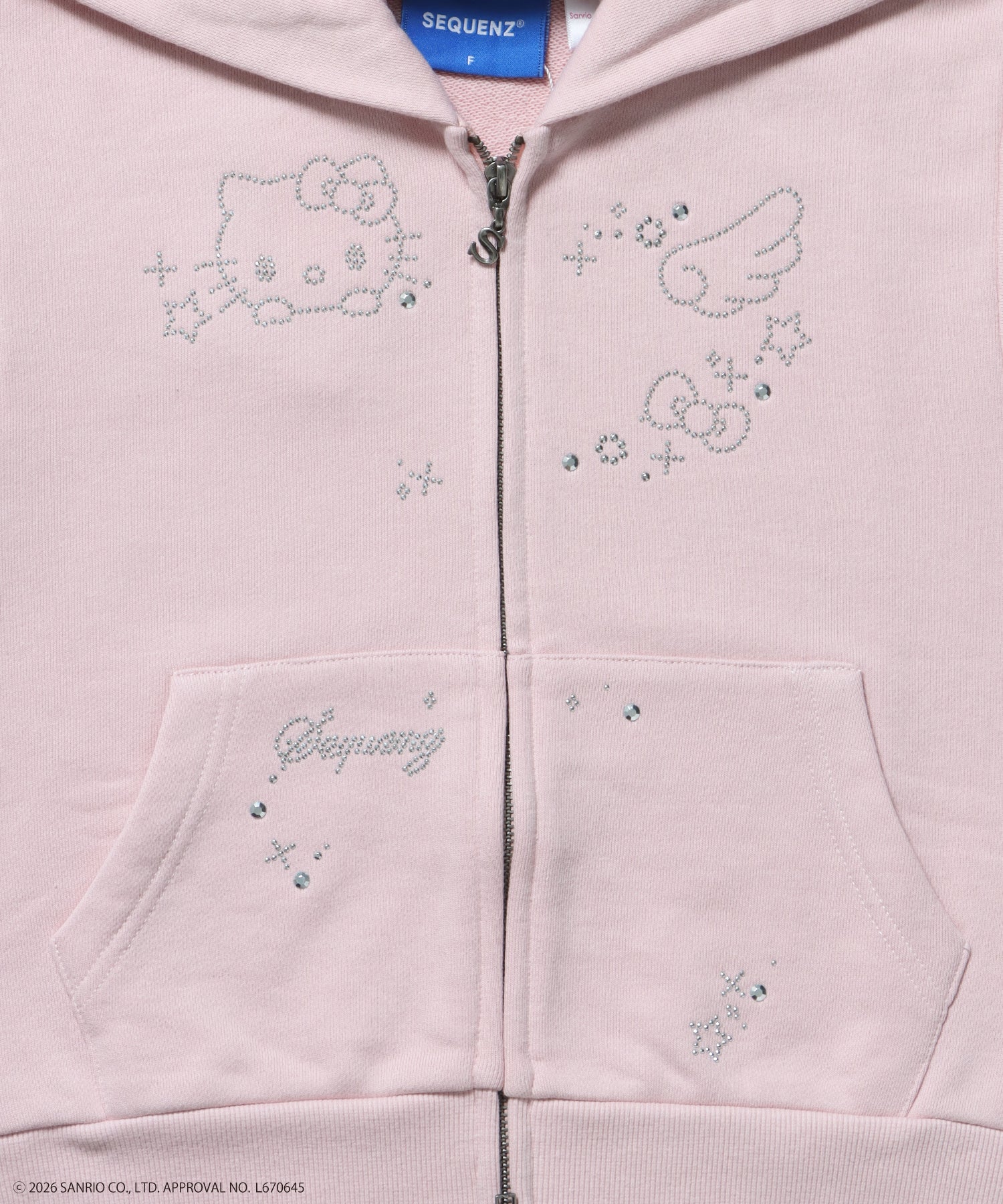 HK SHINING KITTY ZIPPK / 半袖 ジップパーカー フーディ ダブルジップ ラインストーン スウェット ライトピンク