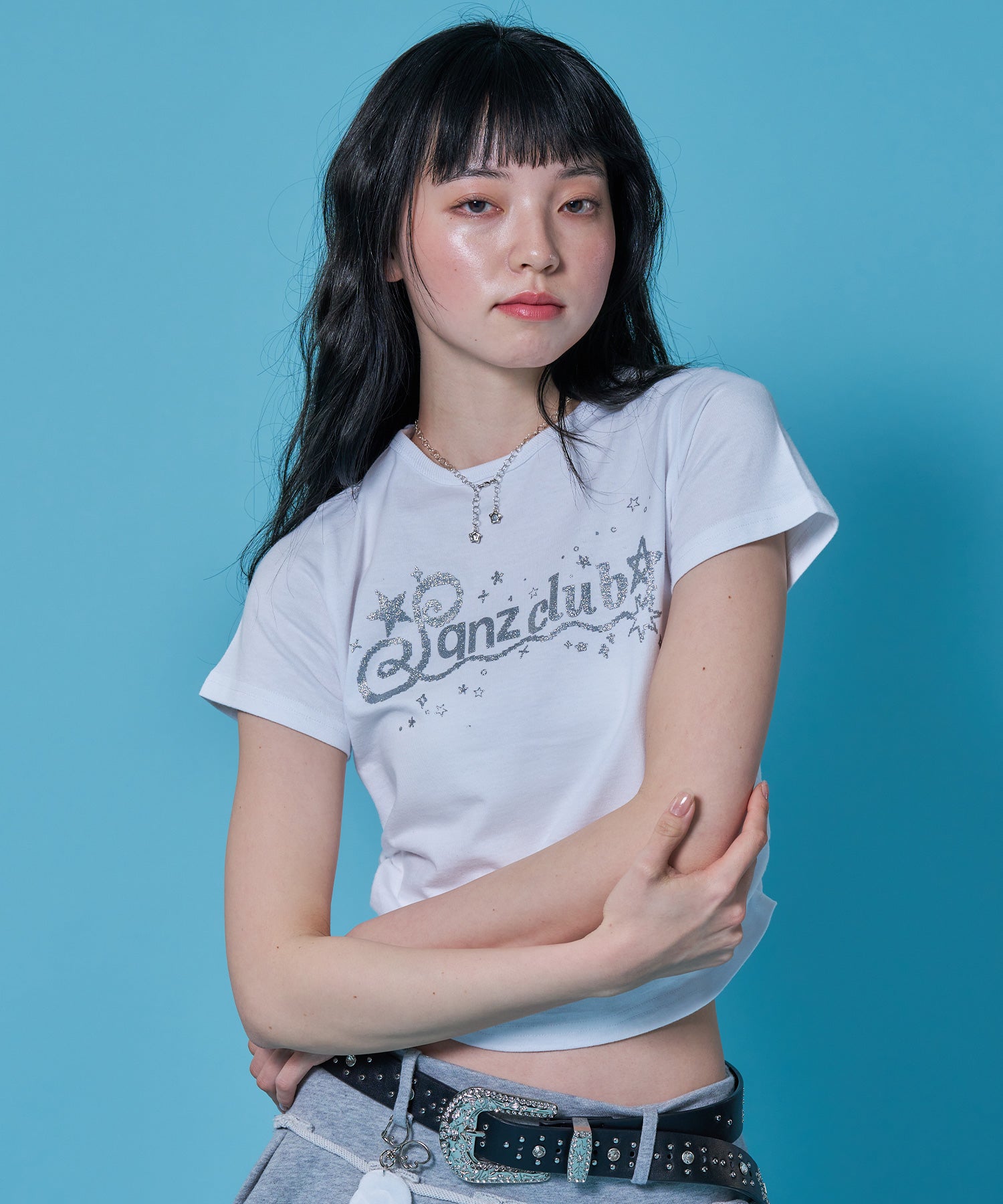 WEB限定 /レディースラメプリントTシャツ / sqnz side shearing