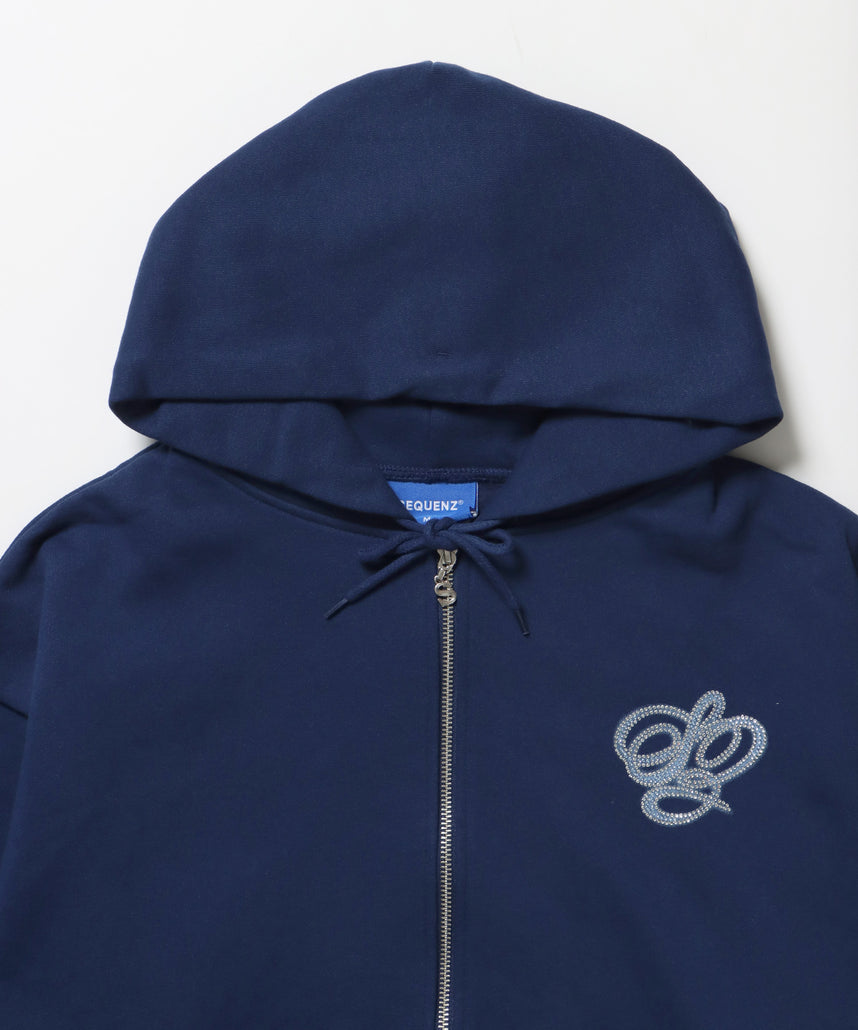 CROSS RHINE STONE ZIP P/K / パーカー ジップパーカー ラインストーン クロスデザイン 裏起毛 ダブルジップ 短丈 【セットアップ】 ダークネイビー