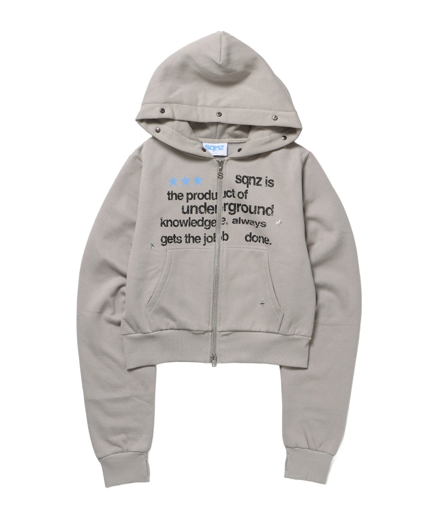 sqnz fur zip pk / レディース ファー ジップパーカー スタッズ 裏起毛 短丈 ダブルジップ ライトグレー