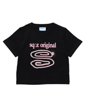 ≪予約商品≫sqnz guru-guru patchwork tee / ユニセックス 半袖 Tシャツ クルーネック プリント ワッペン チェック ブラック