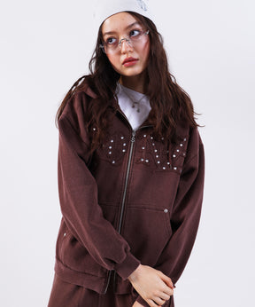 APPLIQUE STONE FADE ZIP P/K / ラインストーン ジップパーカー ダブルジップ 裏起毛 加工 【セットアップ着用可】 モカ