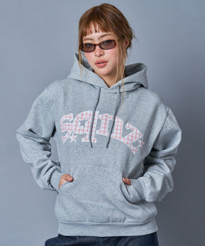 sqnz gingham applique pk / ジップパーカー 裏起毛 フーディ チェック ワッペン 刺繍 短丈 グレー