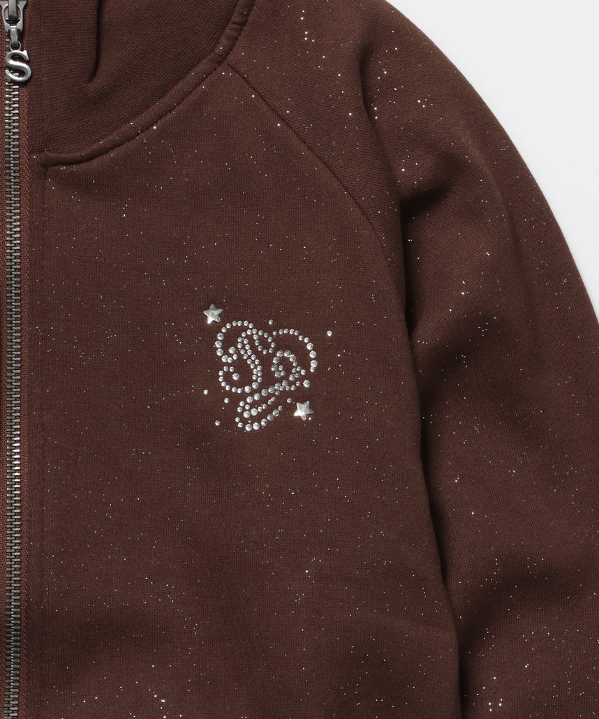 sqnz glitter zip top / グリッター ダブルジップ ジップスウェット 裏起毛 ラインストーン 【セットアップ着用可能】 モカ