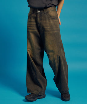 sqnz twist drape denim pants / ツイストドレープデニム カーブデニム ワイドパンツ ヴィンテージライク オーバーダイ≪SET UP着用可能≫