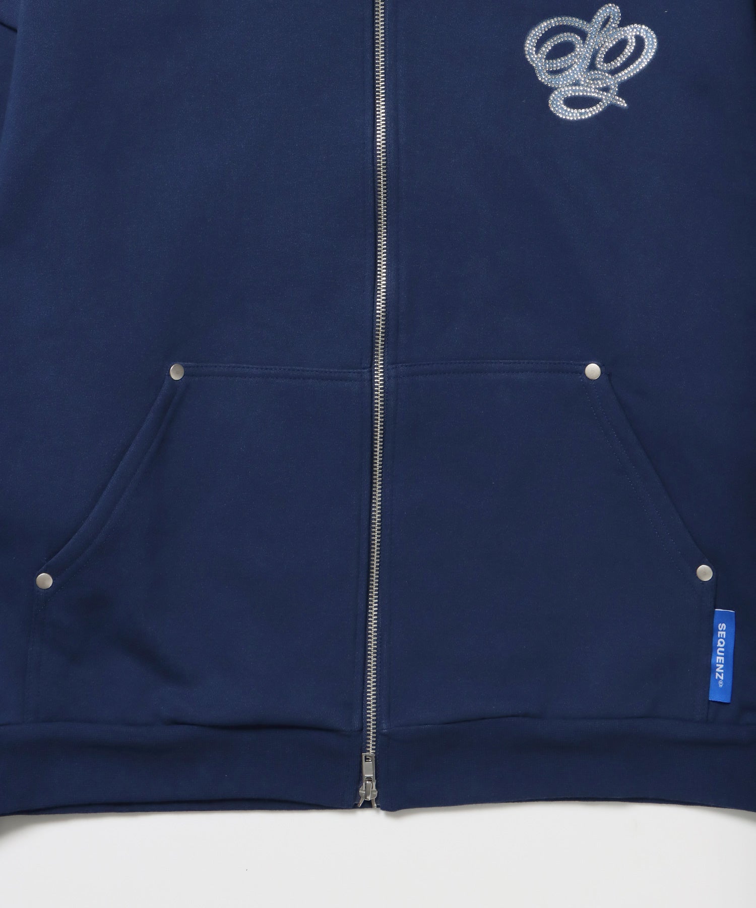 CROSS RHINE STONE ZIP P/K / パーカー ジップパーカー ラインストーン クロスデザイン 裏起毛 ダブルジップ 短丈 【セットアップ】 ダークネイビー