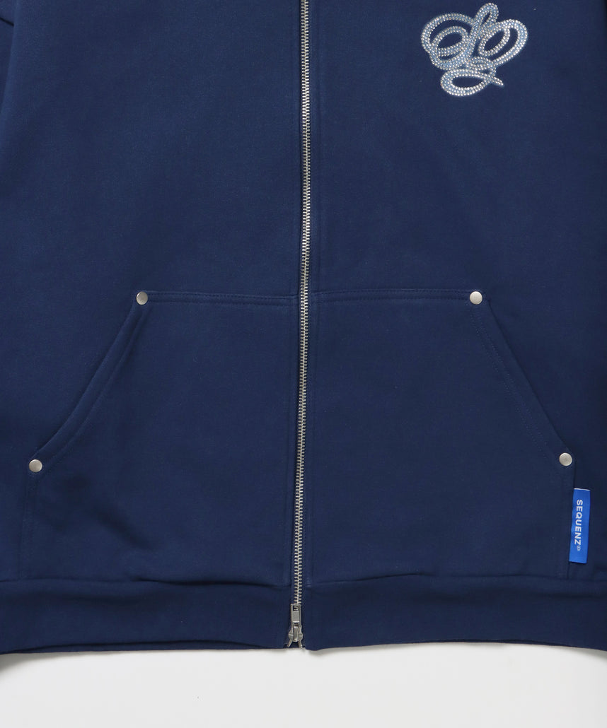 CROSS RHINE STONE ZIP P/K / パーカー ジップパーカー ラインストーン クロスデザイン 裏起毛 ダブルジップ 短丈 【セットアップ】 ダークネイビー