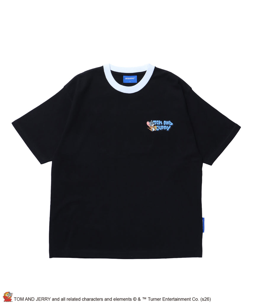 TJ COSTUME RINGER TEE / トムとジェリー リンガー Tシャツ 半袖 クルーネック 刺繍 オーバーサイズ ブラック