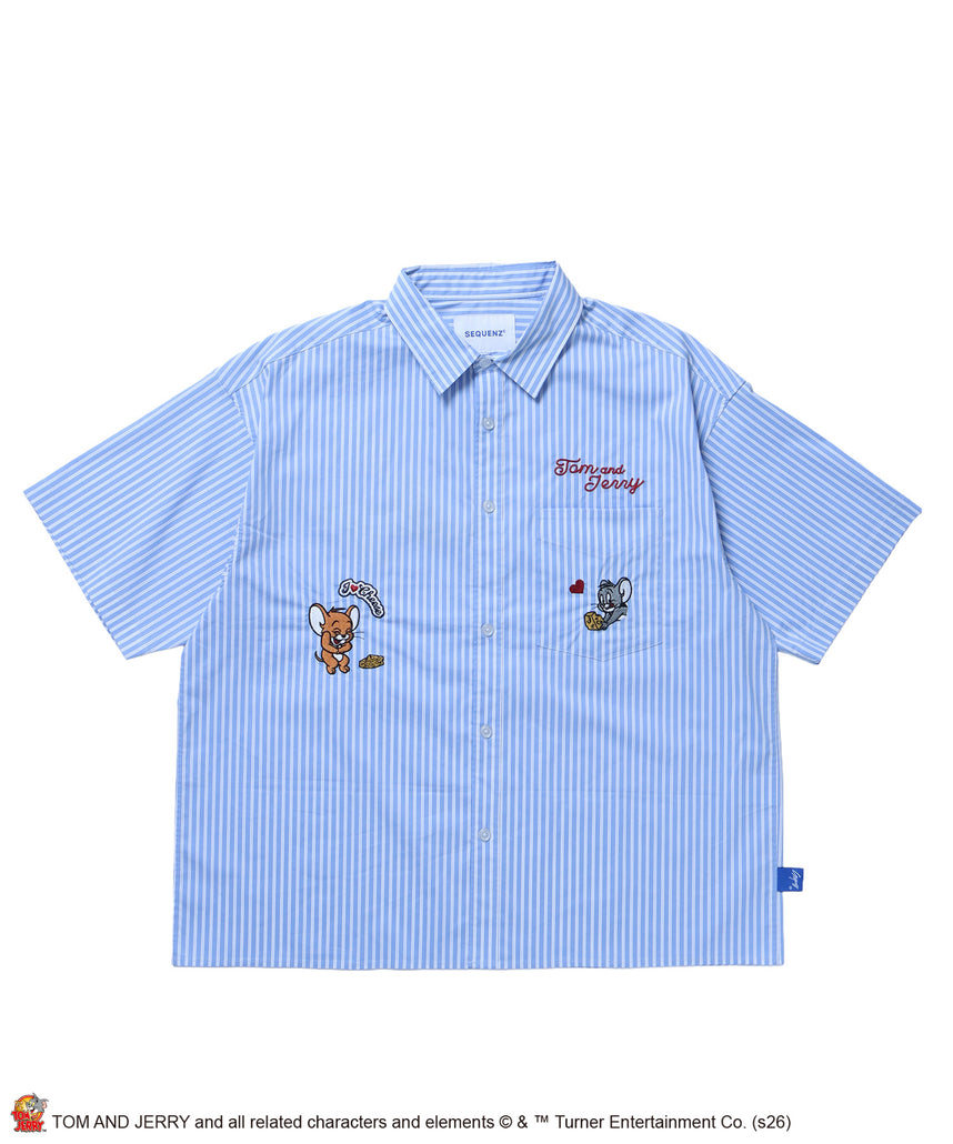 TJ ASSORTMENT EMB. SHIRT / トムとジェリー シャツ 半袖 レギュラーカラー 刺繍 チェック ストライプ サックスブルー