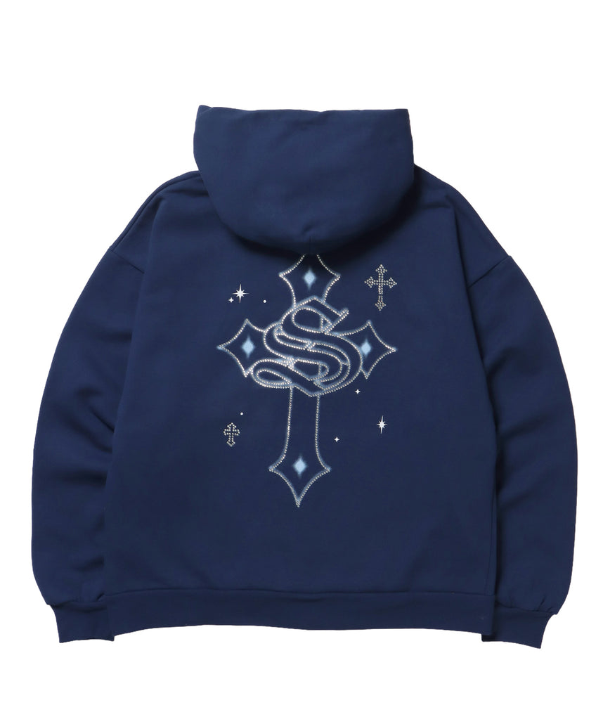 CROSS RHINE STONE ZIP P/K / パーカー ジップパーカー ラインストーン クロスデザイン 裏起毛 ダブルジップ 短丈 【セットアップ】 ダークネイビー