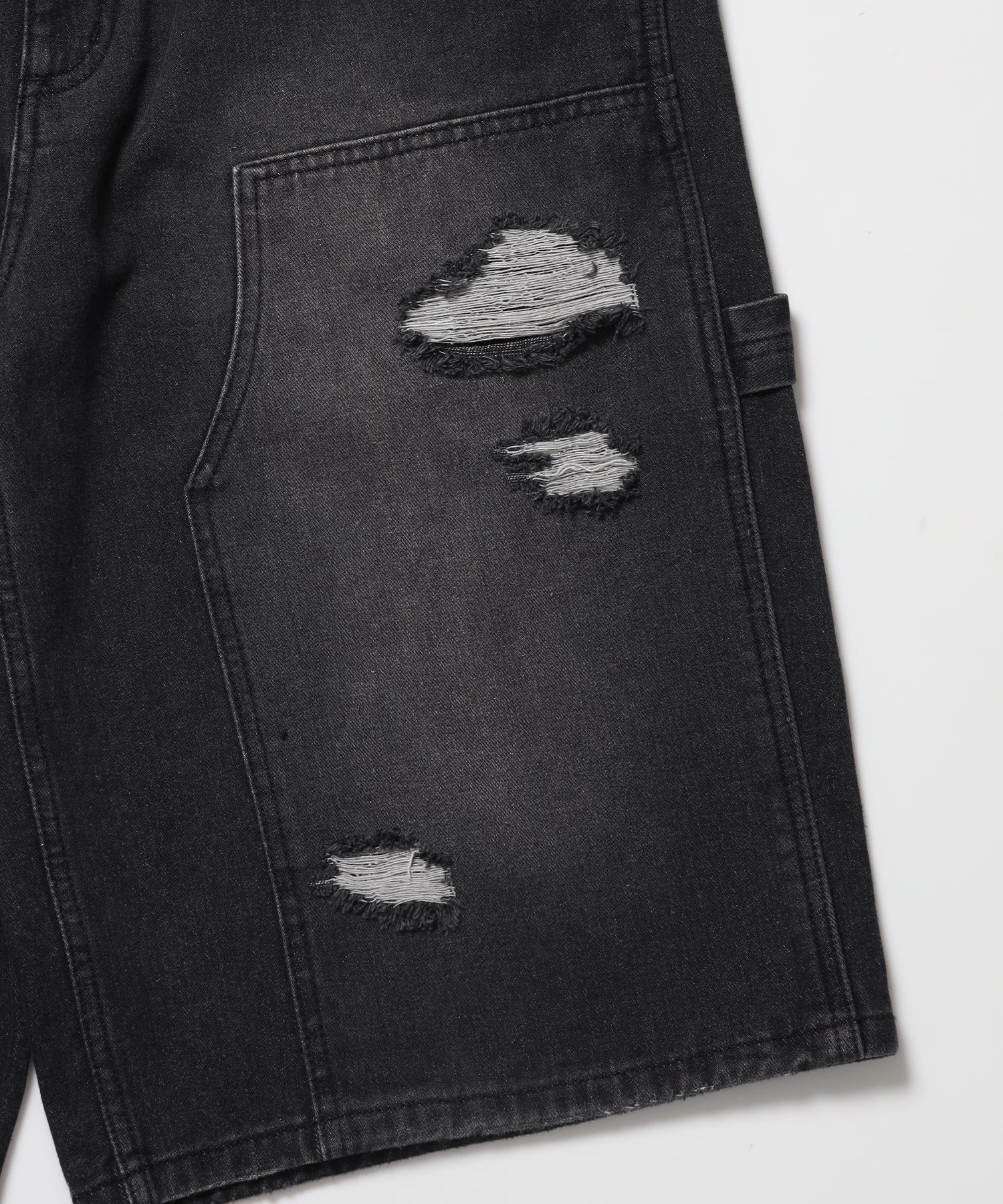 ※WEB限定 / ダメージデニムショートパンツ / sqnzU double knee denim shorts ブラック
