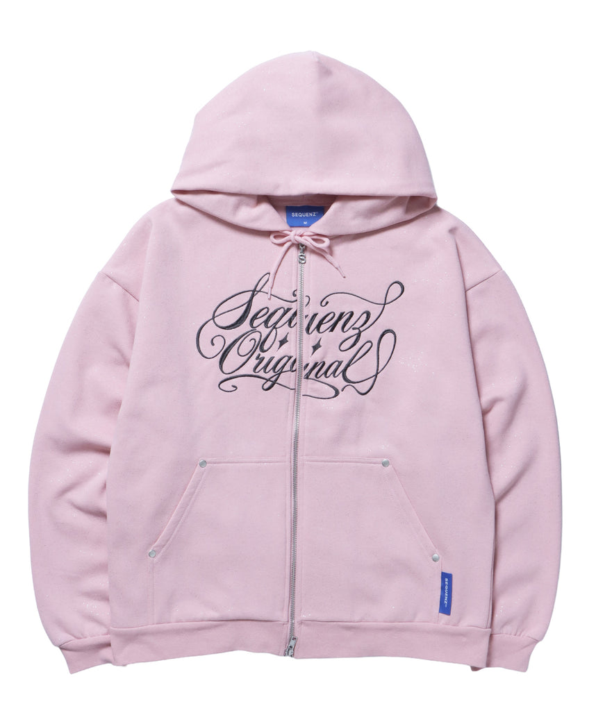 SQNZ LOGO GLITTER ZIP P/K / グリッター ジップパーカー ラメプリント ダブルジップ 裏起毛 【セットアップ着用可】 ライトピンク
