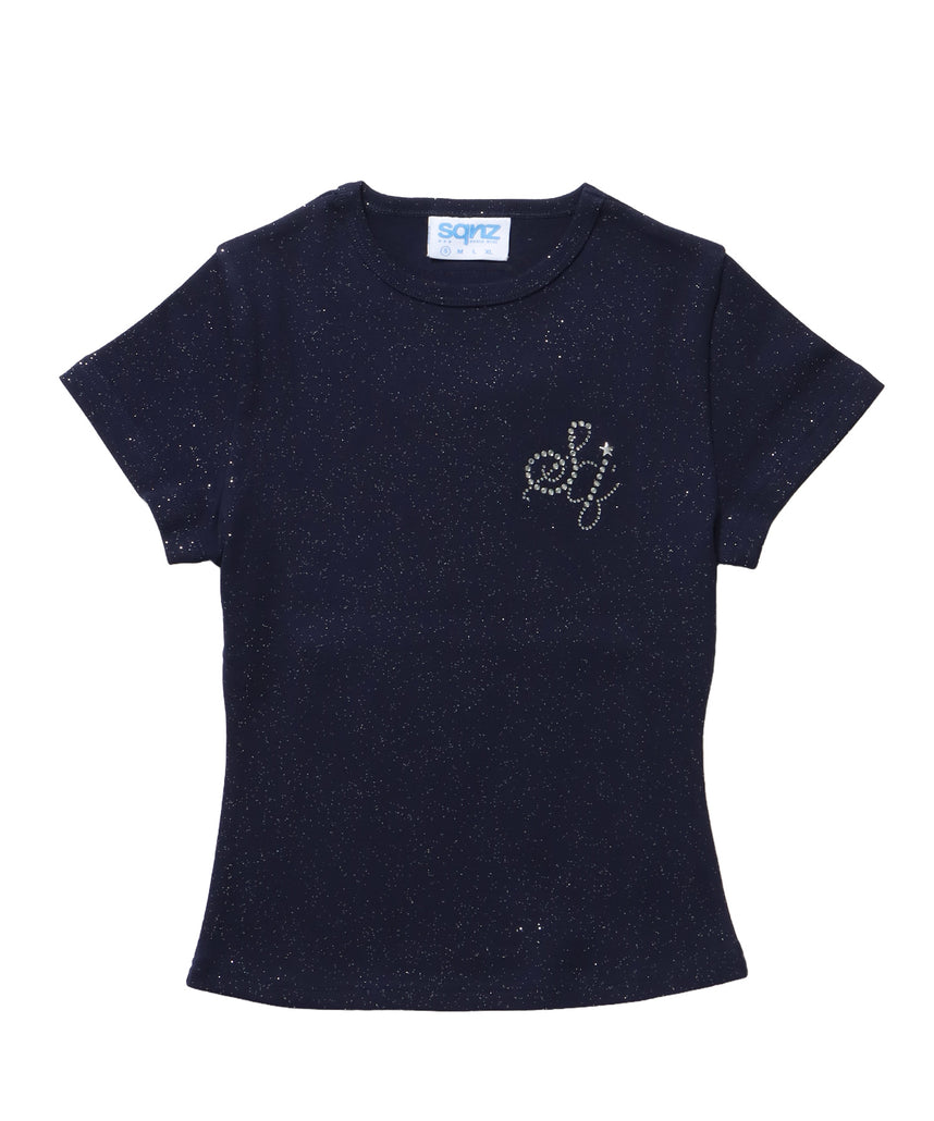 ≪予約商品≫sqnz glitter compact tee / 半袖 プリント Tシャツ ワンポイント ラインストーン レディース ピチT ちびT ダークネイビー